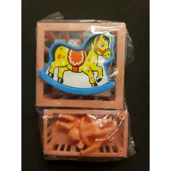 Vintage 1960's Plastic Babies Crib Rocking Horse Set Made in Hong Kong NOS - Picture 1 of 5